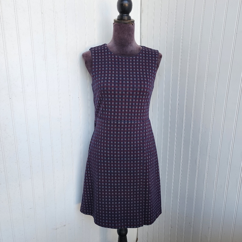 ANN TAYLOR Women Maroon Navy Blue Plaid Window Pane Dress Plaid Knit Sz 2